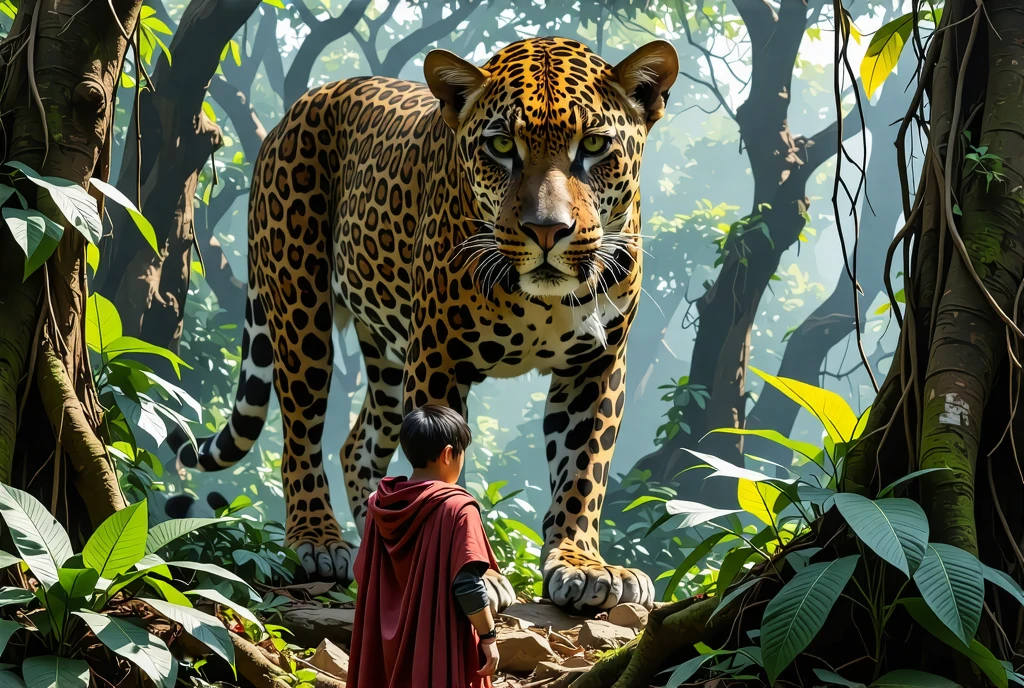 Illustration of Saci smoking a pipe while riding a jaguar