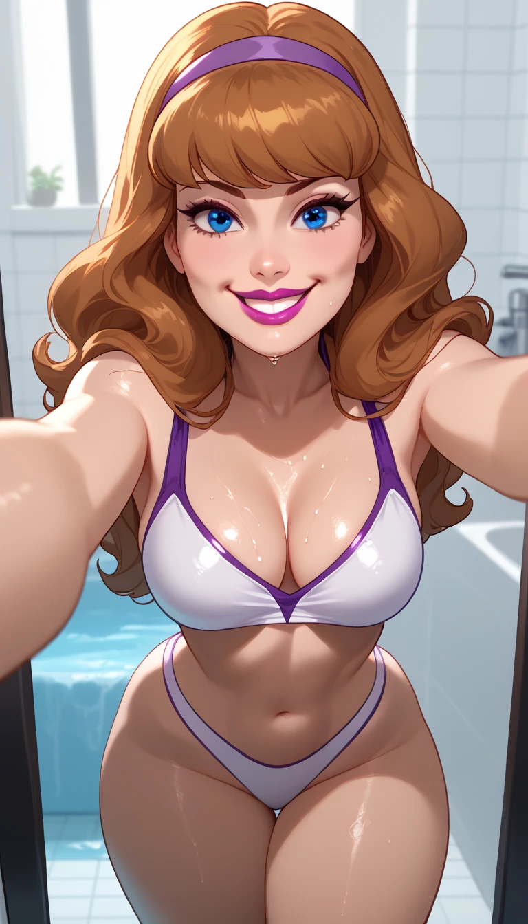 perfect selfie , Daphne Blake, Messy hair,white swimsuit, long hair, Blue Eyes, smile,, thick thighs ,wet, big boobs, vibrant colors , in the bathroom,,   lipstick and lip gloss  ,  Cinematic highlight ,  leaning forward,seductive