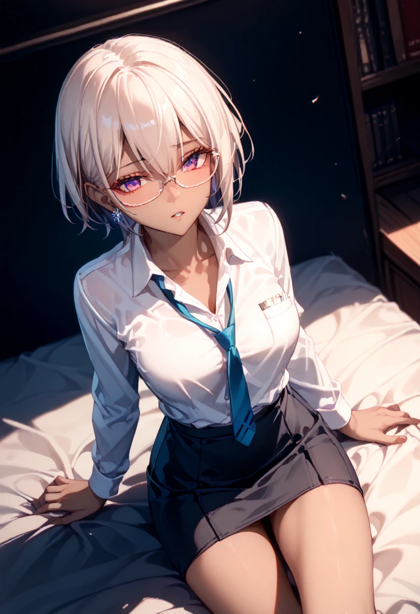 Revealing the female genitals There was a cloudy white liquid coming out of it. . .., , Have white hair................., Short Hair Hair, big round glasses, Brown eyes, Wear a white shirt and tie............ naked underneath....., on a bed.