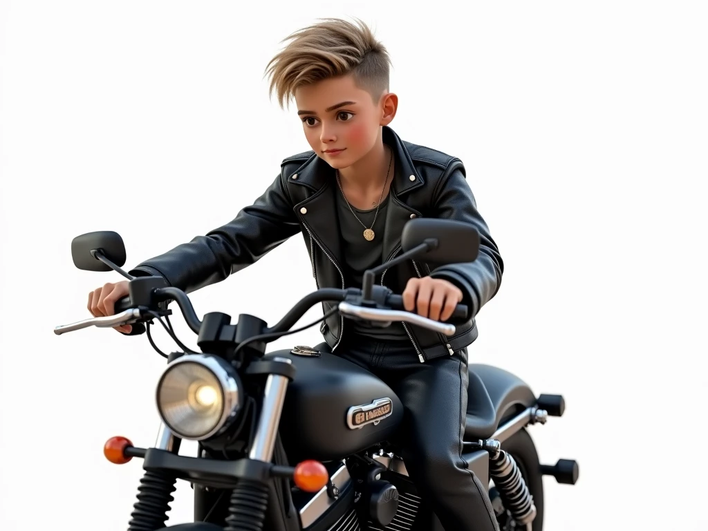 a cute tough toddler riding a red cyberpunk tricycle::1. 2, toddler has an aggressive attitude with an angry facial expression and a punkrock mohawk hairdo and wearing a leather vest, busy city street with traffic, tricycle has three wheels, --no helmet, sunglasses
