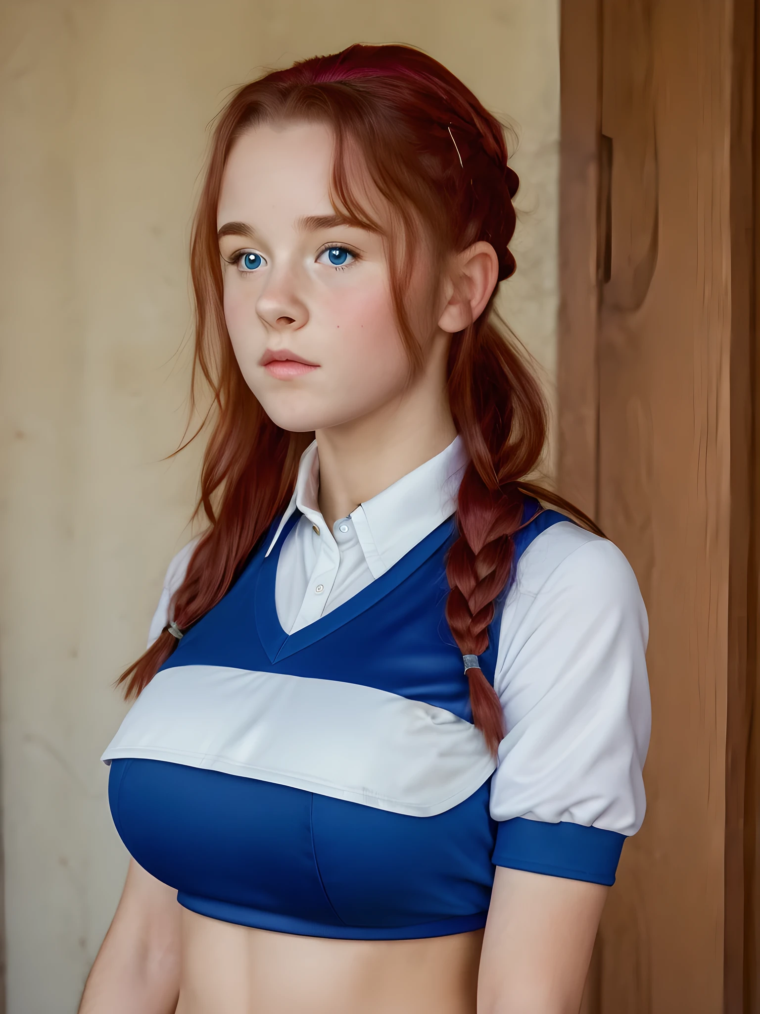 (best quality,4k,8k,highres,masterpiece:1.2),ultra-detailed,(realistic,photorealistic,photo-realistic:1.37), ((mittelalter, gym, a young school girl, she wears PE uniform, solo, shy)), ((very large bust size for her young age)), sagging breasts, braided red hair, pale skin