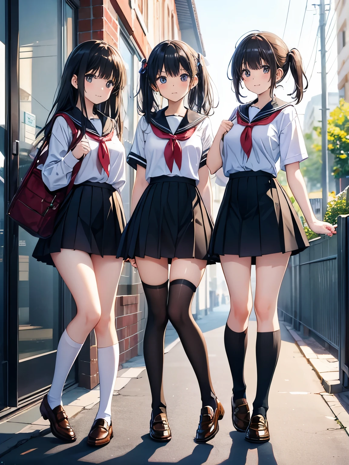   Masterpiece ,  High Quality ,  3 girls ,  school uniform,  black socks、Calf socks、ミッドCalf socks,  brown loafers,tight-fitting clothing、 Mini Skirt、 standing