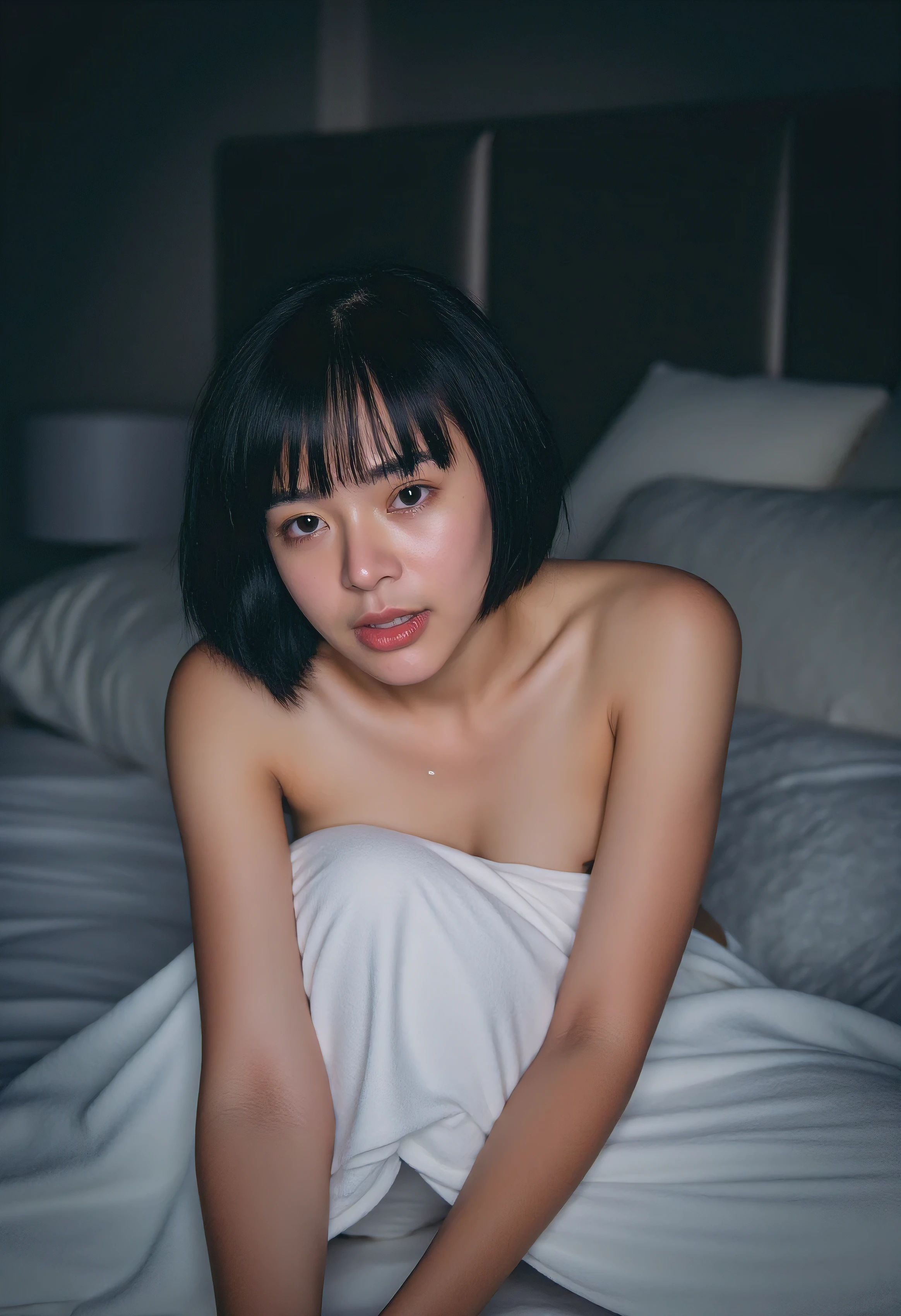 Best quality, 8k, 32k, raw photo, photorealistic, UHD:1.2),lifelike rendering, (upper body portrait:1.2), 1girl, 24yo, stunning, (short hair), double eyelids, highly detailed glossy blue eyes, detailed facial, perfect round medium breasts, nice hands, (pale skin:1.2), clean skin, (dark bedroom:1.3), pillows, bed, sharp focus, sexy face, expressive eyes, smile, (hands blocking on tits), look at camera, detailed facial, (chest focus:1.2), messy hair, naked body wrapped by huge bath towel, (white cotton thick bath towel:1.2), cleavage, detailed fabric rendering, (low key, dark theme, in the dark:1.3),epiC35mm