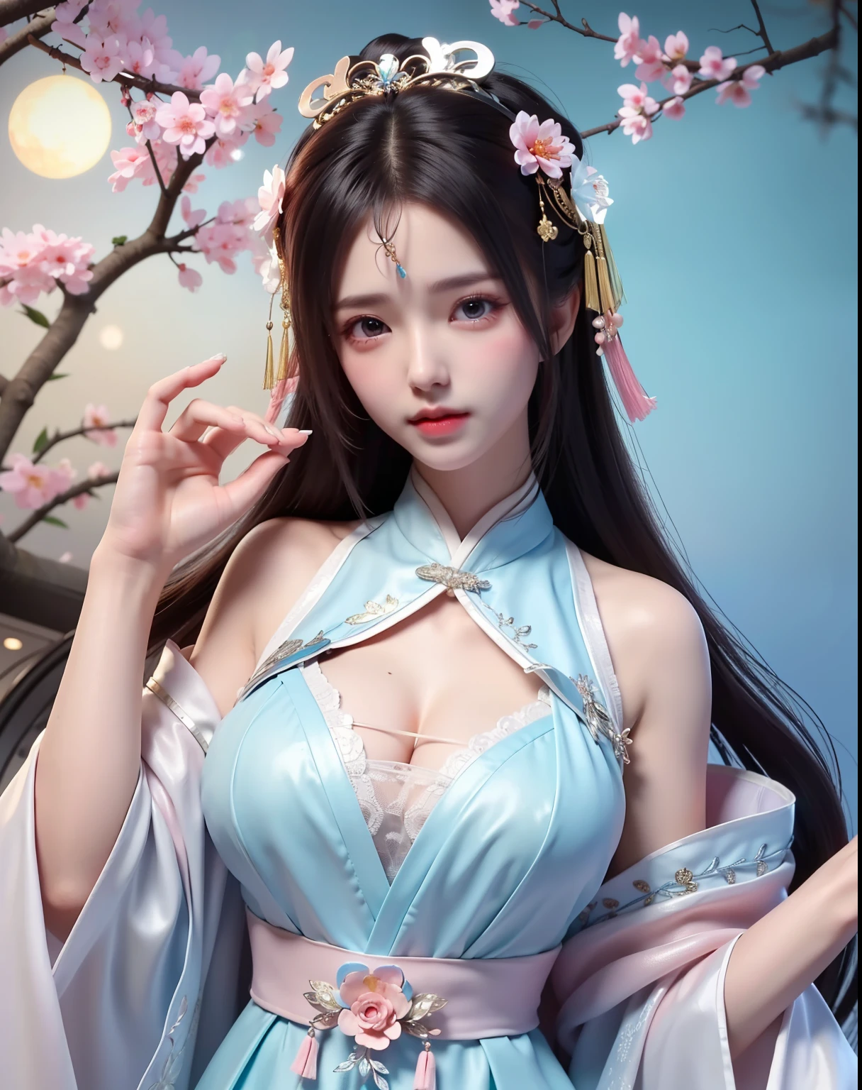 in qipao chinese,(8k, RAW photo:1.2), best quality, ultra high res,dramatic angle,(fluttered detailed color splashs), (illustration),(((1 girl))),(long hair),(rain:0.9), (Headdress:1.4),There is an ancient palace beside the girl,(Key Points),Color ink painting,(Splash of Color),Splash of Color,(((colorful))),(sketch:0.8) , Masterpiece, best quality, beautiful painted, highly detailed,(denoising:0.6),[splash ink],((ink refraction)), (beautiful detailed sky),moon,highly,detaild,(masterpiece, best quality, extremely detailed） CG Unity 8k Wallpaper，masterpiece，best quality，Ultra Detailed），（Lycoris）. hanfu open v   open V-chested clothes Thin silk lace dress , (huge ，cleavage),, white pink, blue ，best qualtiy，tmasterpiece，Ultra-high resolution，（Reality：1.4），RAW photogr，（True skin texture：1.3），（filmgrain：1.3），（Selfie angle），1个Giant Breast Girl，Beautiful eye and face details，tmasterpiece，Best quality at best，，The chest more exposed， detailed hair, bra pink , detail 8k, upper body, lace petticoat