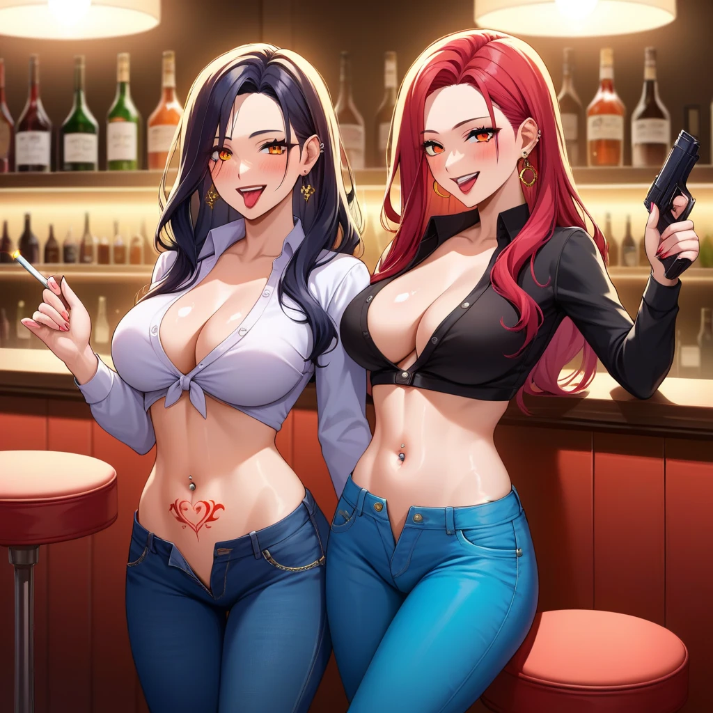 score_9, score_8_up, score_7_up, score_6_up, score_5_up, score_4_up, rating_questionable, , source_anime, digital illustration, pixiv, fanbox, uncensored, , BREAK, official art,
2girl, two girls, female, , long hair, anime girl,ecchi anime style, anime girls ,digital anime art!!, , anime style 4k,
 long hair, earrings, red lips, large breasts, ear piercing, long hair, blush, lipstick,Hot girl, baddie, smoking, sensual, attractive , bar background, inside bar,indoors, masterpiece,high quality,4k, bare
shoulder,belly,crop top,holding pistol,cleavage, unbuttoned shirt,shirt, knot, indoor,smile, open
mouth, (nsfw) not safe for work, evil expression, exposed belly, exposed navel, exposed midriff,
exposed lower belly, crop top overhang, underboob,jacket, unbuttoned jeans , low rise black jeans,
Low rise jeans, Low rise jeans with open fly, tattoo belly, tattoo, flower tattoo, dragon tattoo, belly tattoo, navel piercing, shiny skin, tongue out