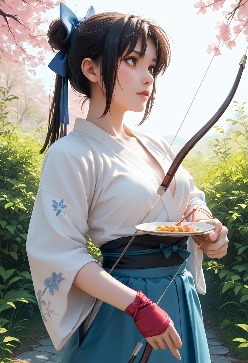  1 girl,  medium chest , kyuudou, bow (arms), Japanese clothing, Arrow (Projectile), holding bow (arms), yugake, breastplate,  Similarly , single glove,  best quality,medium quality,