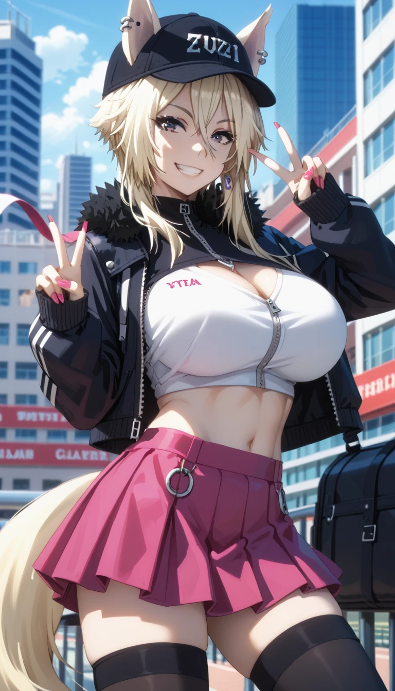 Tall girl, Fit girl,score_9, score_8_up, score_7_up, score_6_up, uncensored, ultra-detailed, 1girl, zeta, perfect face, animal ears, purple eyes, blonde hair, tail, huge breasts, solo, skirt, thighhighs, yellow_background, hat, smile, fake_nails, long_hair, v, pink_nails, blonde_hair, jacket, crop_top, jewelry, baseball_cap, earrings, city, day, simple_background, looking_at_viewer, grin, black_headwear, midriff, pink_skirt, double_v, nail_polish, industrial_piercing, black_thighhighs, fingernails, zipper, bangs, shirt, long_sleeves, zettai_ryouiki, open_clothes, black_shirt, red_eyes, piercing, cowboy_shot, red_skirt, ear_piercing,