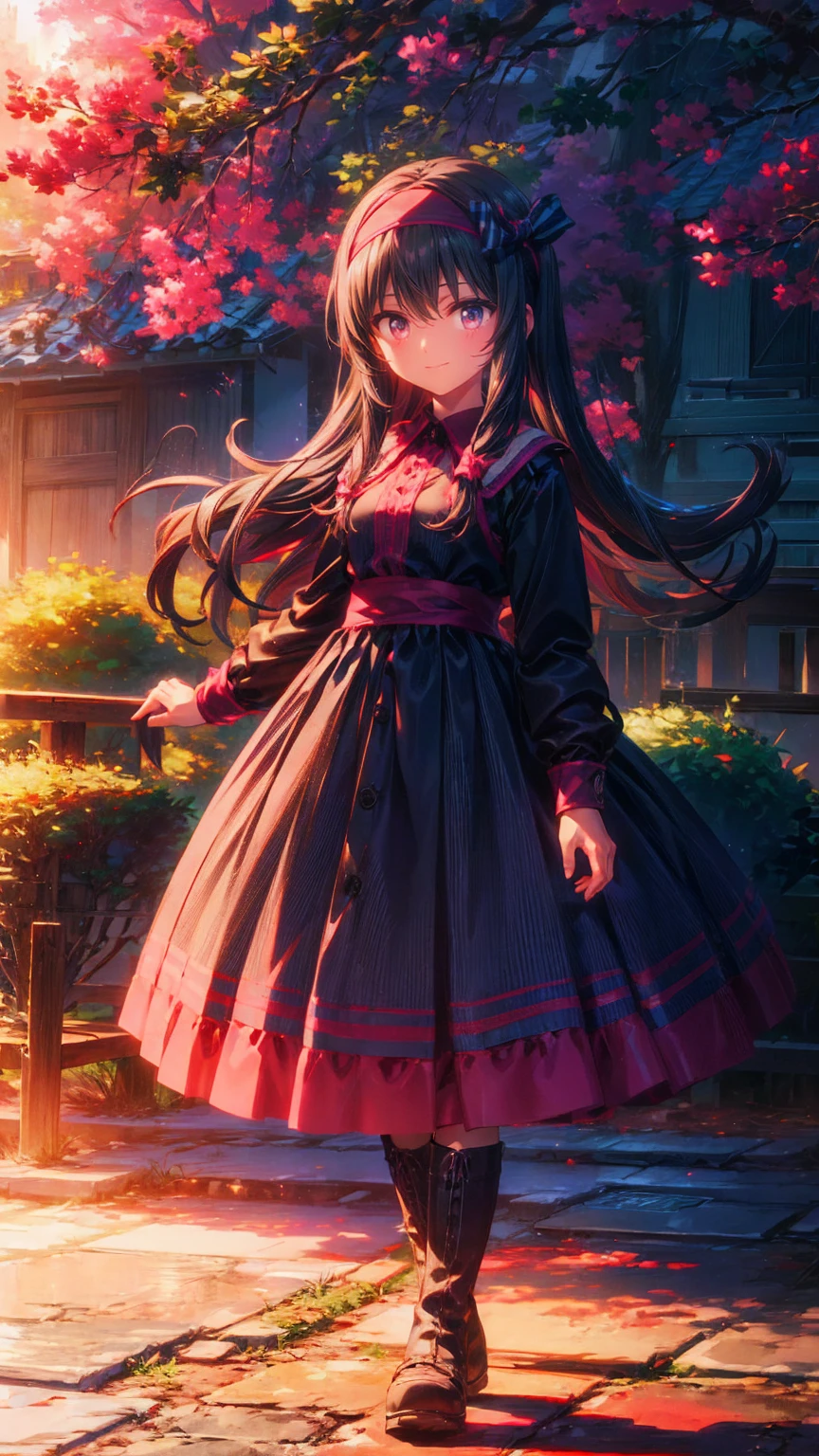   anime style 、story、、   pretty girl 、とてもcute天使、  pink gothic dress 、cute、baby face、smile、  Long Skirt 、   black boots 、Very cute headband
