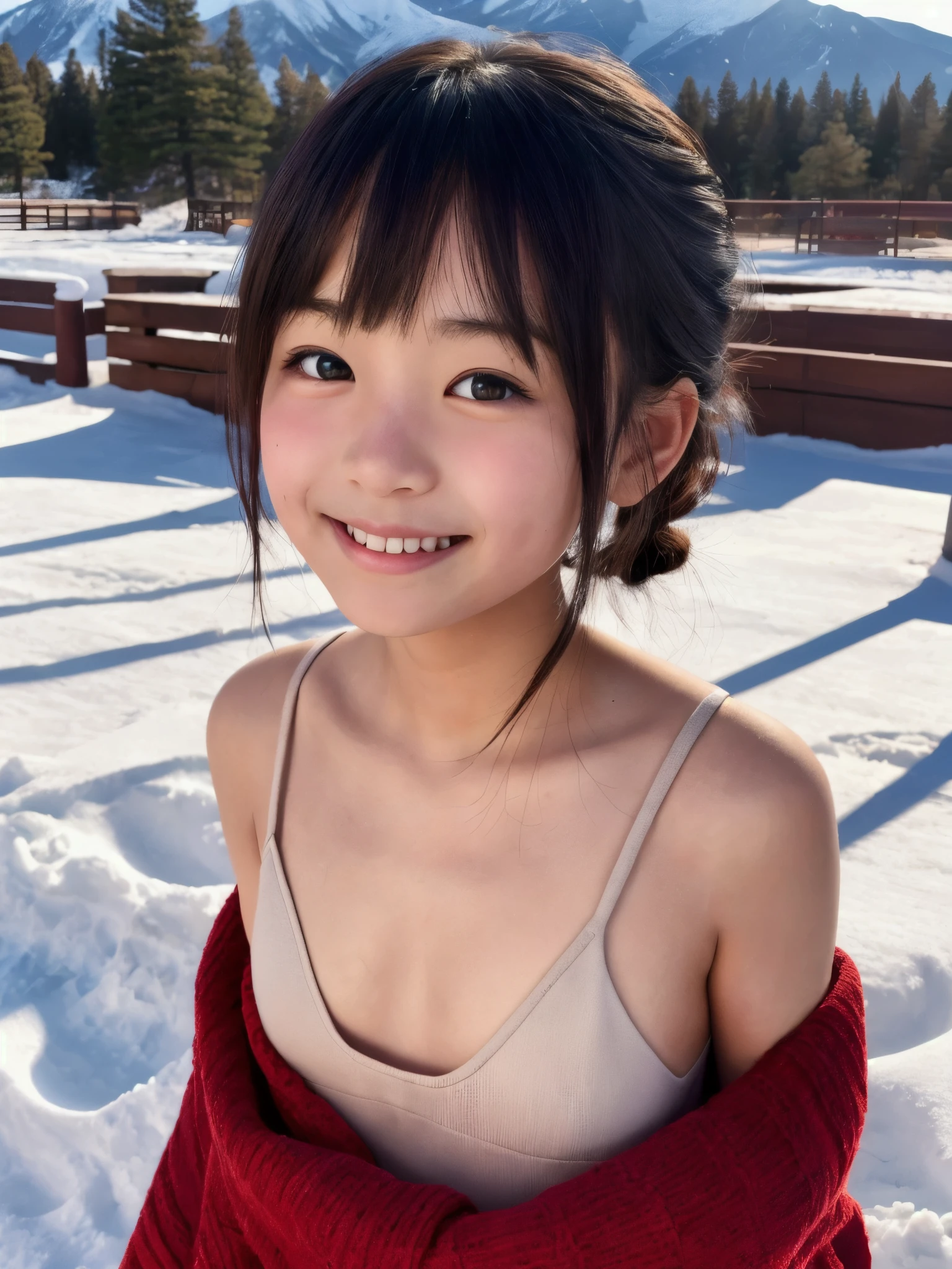 Studio Light, Depth of written boundary, 8K Upper Body, thin, cute顔, smile, snow Christmas Swimwear White Breath Knitted hat Beautiful detailed brown eyes, 18-year-old Japanese, cute, Black Color, Plaza, Armpit lift