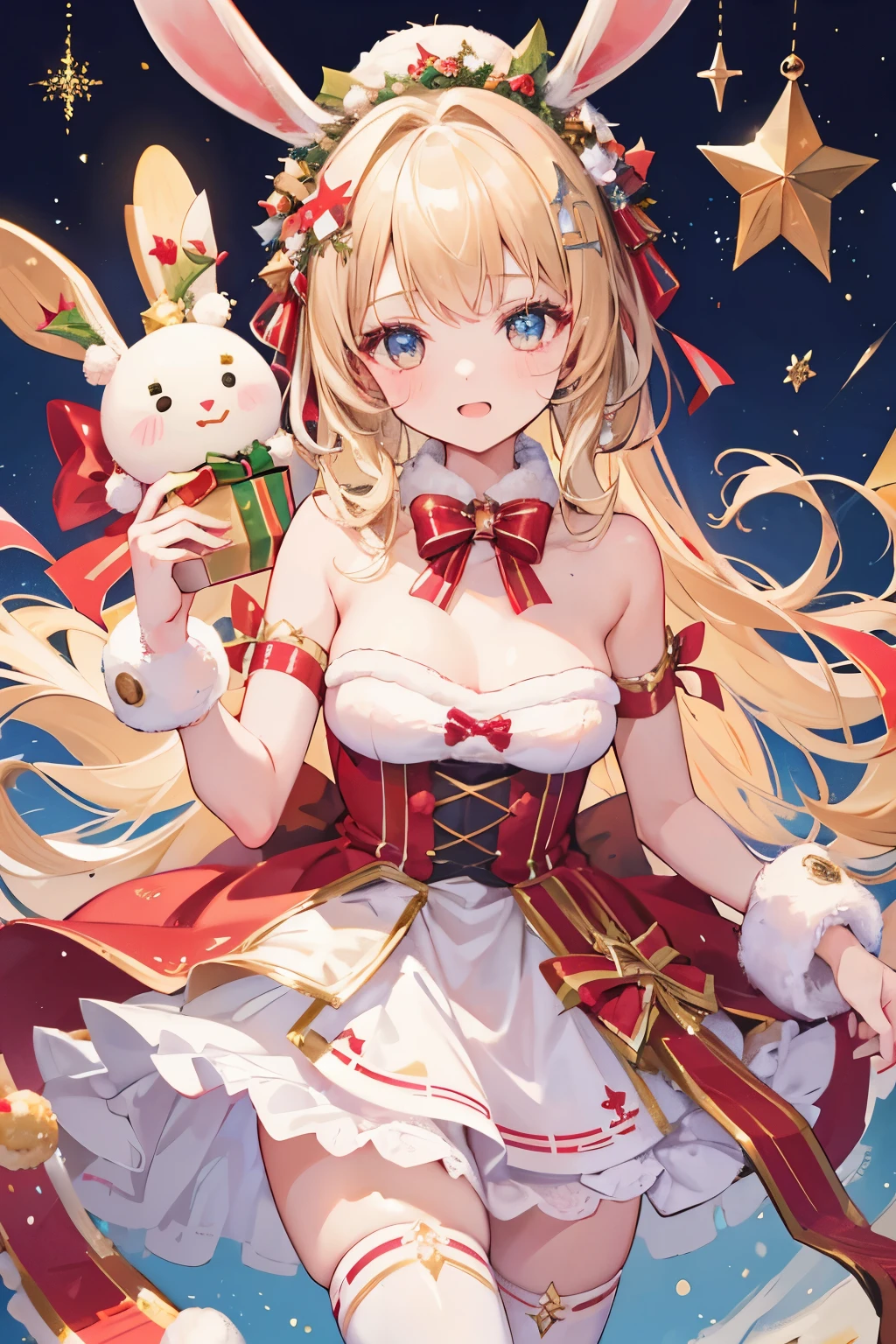 {{masterpiece}}, {{best quality}}, {ultra-detailed}, {{kawaii}}, cute, {lovely}, {{sexy}}, {ero}, {{extremely detailed}}, 4K, {8K}, best quality, {beautiful}, illustration, colorful, building, a cute girl, solo, santa costume, beautiful blond hair, beautiful red eyes, {beautiful eyes}, rabbit ears, butterfly、nsfw