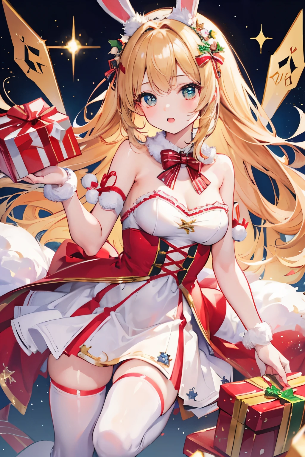 Roupas de Papai Noel、Natal、the bikini、clivagem da mama、umbigo、coxas coxas coxas coxas coxas、bicaudal、arm guards、Botas longas,Destaques oculares、Departamento de Campo,Qualidade de imagem superior、beautifully aesthetic:1.2)、(1girl em:1.3)、blonde hair、estupendo、Antecedentes detalhados、Cidade nevada、Christmas tree、um sorriso、Garganta e face