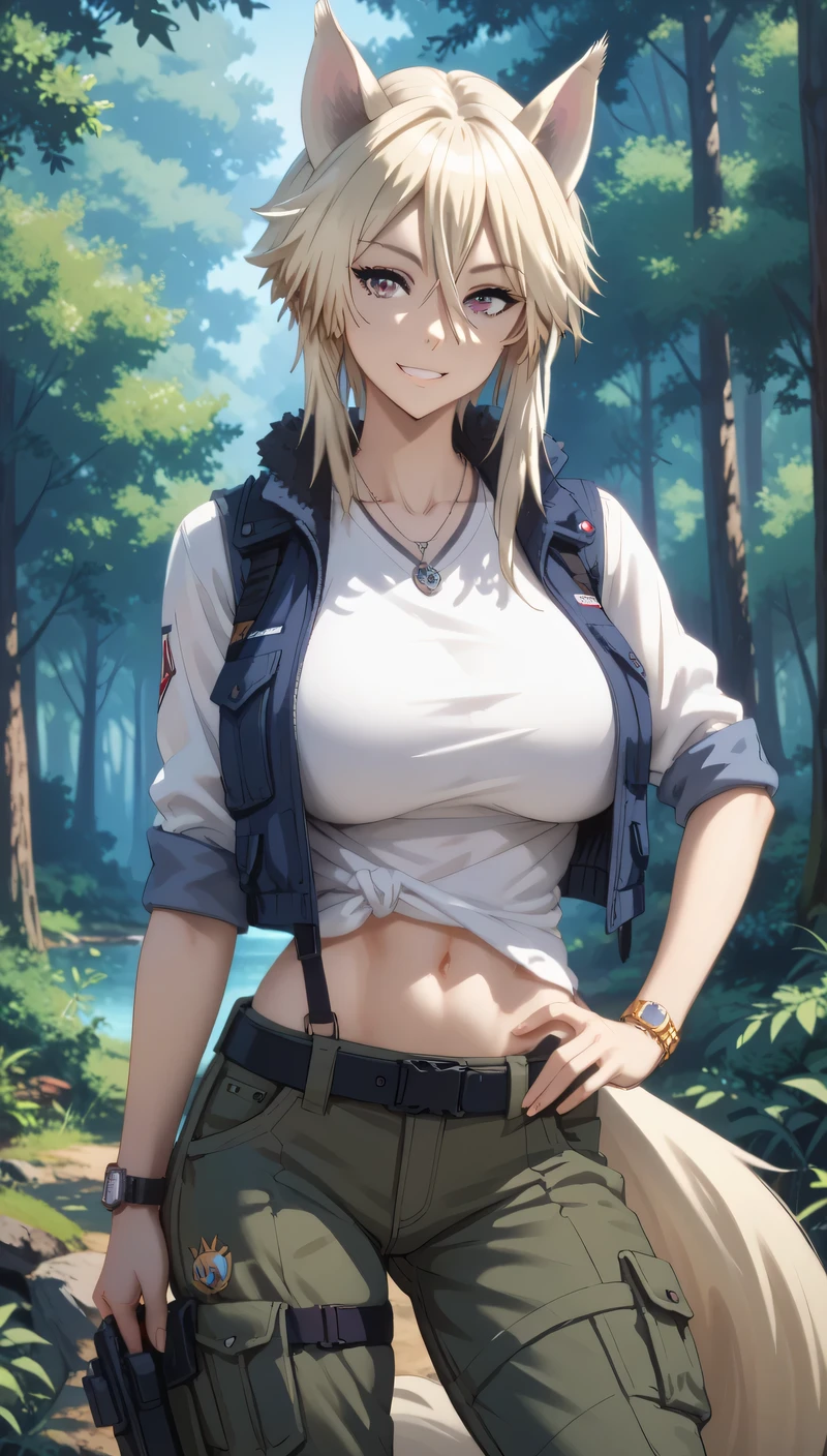 Tall girl, Fit girl,score_9, score_8_up, score_7_up, score_6_up, uncensored, ultra-detailed, 1girl, zeta, perfect face, animal ears, purple eyes, blonde hair, tail, huge breasts, shirt, Vests, cargo pants, oversized pants, cargo vents, watches, open clothes, Forest, smile, hand on hip