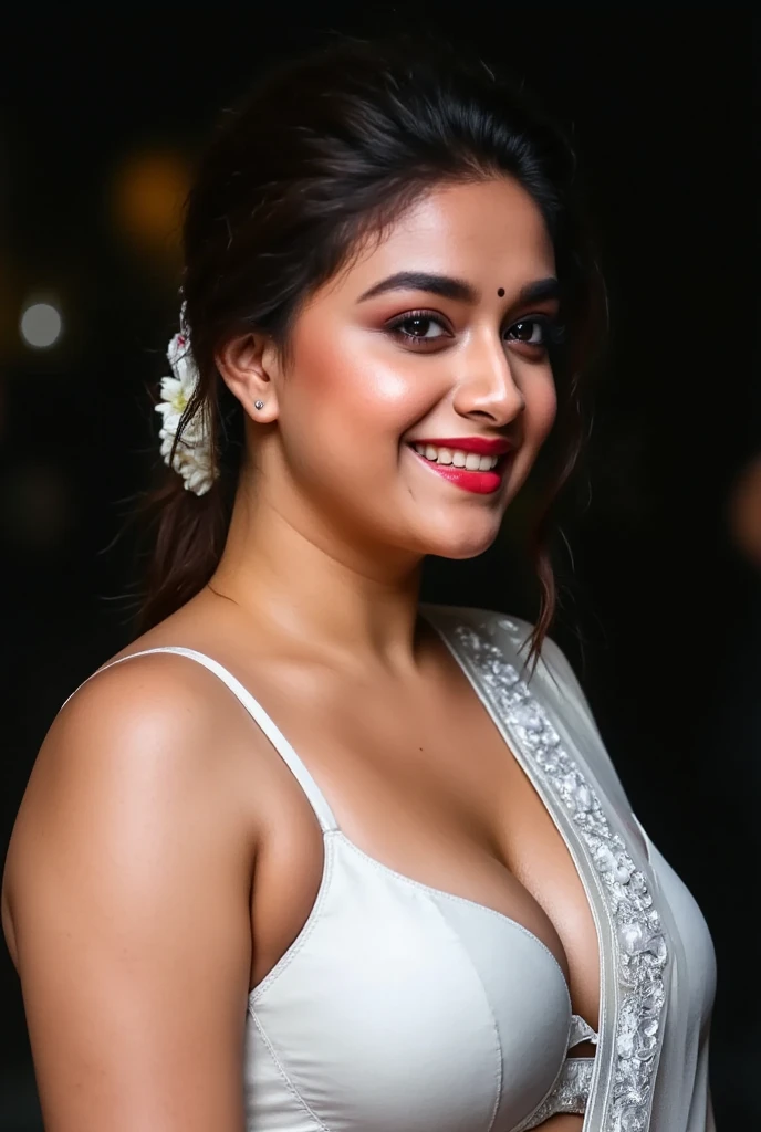 full body,front view,big boobs,cleavage,standing position,transparent white saree,white cleavage bra,body facing to camera,smile,night,red lipstick