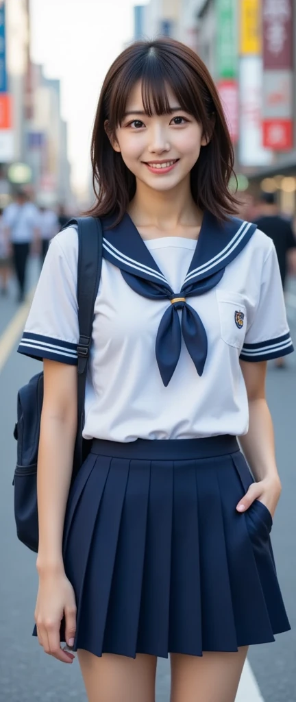 (masterpiece,  best quality:1.2),  one girl, Alone, 1,  Japanese woman with a viewing angle of, Super cute idol-like face , Beautiful model-like figure,  double eyelid big eyes ,Glasses、 ( white shirt,  sailor school uniform ,  navy blue pleated skirt:1.2),  dark brown hair ,  Medium Straight Hair, With bangs, Carry a backpack to school, smile, The background is Shibuya Ward, Tokyo