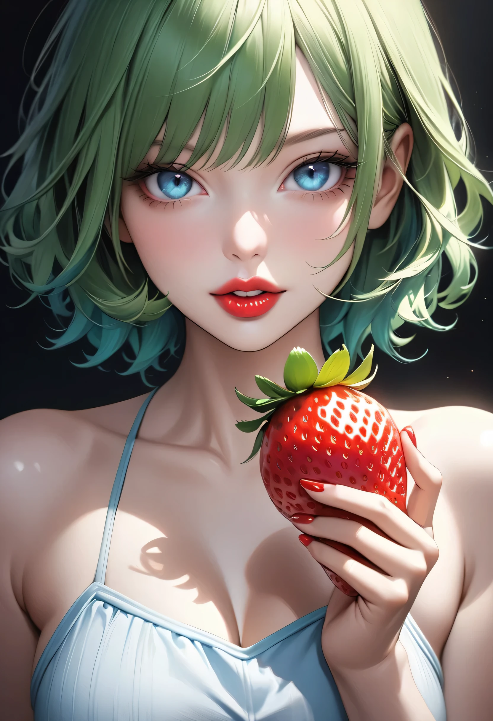 One Punch Man Tatsumaki (hyper realistic, age 17, big eyes, sexy 2 piece bikini) looking disappointed at viewer, holding one strawberry. beach, japan