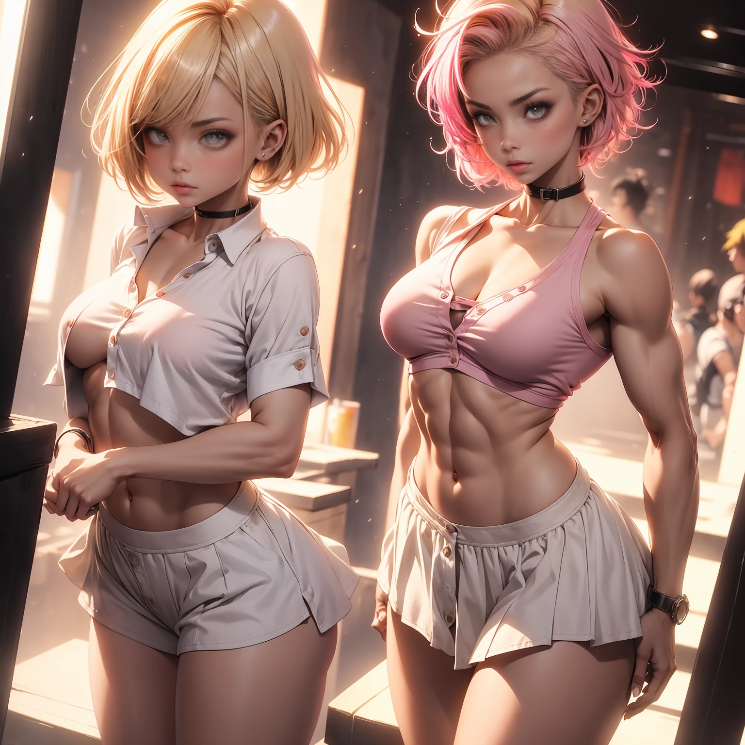 Gwen Tennyson,marcador,y'shtola rhul,Yorha 2b,vigiar,nier automaton,piloto mecha,rancho,tatuagens,orange and pink jumpsuit,white short sleeve ranchoer top,micro shorts jeans,barriga descoberta,cabelo curto,maquiagem punk,olhos verdes,cabelo prateado multicolorido,sorriso sexy,sardas,garota linda,Seios grandes,8k,ultra detalhado,realista,arte de fantasia,piercings nas orelhas,ranchoer uniform,garota saiyajin,moletom de lenhador de manga curta,fazenda de vacas,andando,colar de corrente,straw hat,