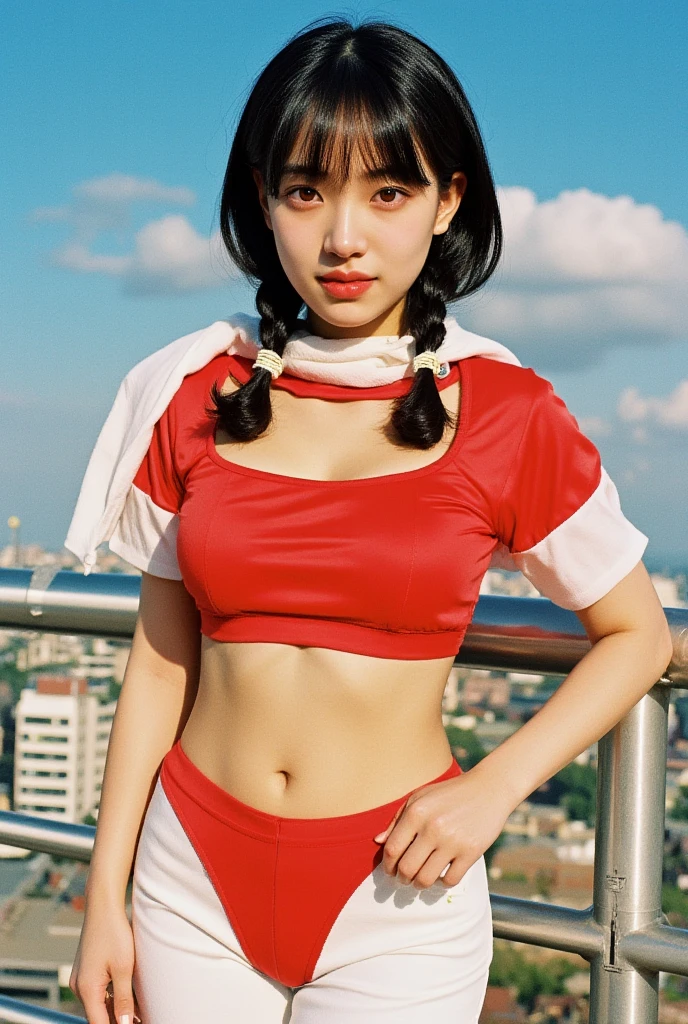 miyamizu_mitsuha, red bowtie,
jewelry, white yoga crop top, white yoga tight shorts, hands on chest,see-through, looking at viewer, hair ornament, choker, shy,
(masterpiece, top quality, best quality, official art, beautiful and aesthetic:1.2), (1 girl), extreme detailed, colorful, highest detailed,
(huge breasts:1.2, upper body, from below, cameltoe, ) white panties,
china city,street, sun, cloud, wall, leaning,