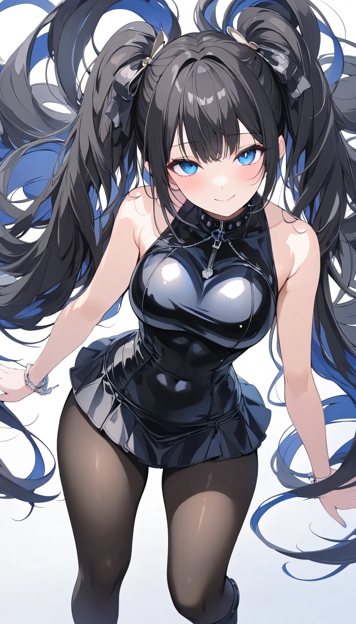 1girl, long hair, multicolored hair, black hair, sidelocks, blue hair, wavy hair, eyeliner, bunny suit, leotard, leggings, fake bunny ears, serious, hand on hip, looking away, parted lips, white background, simple background, masterpiece, score_9, score_8_up, score_7_up