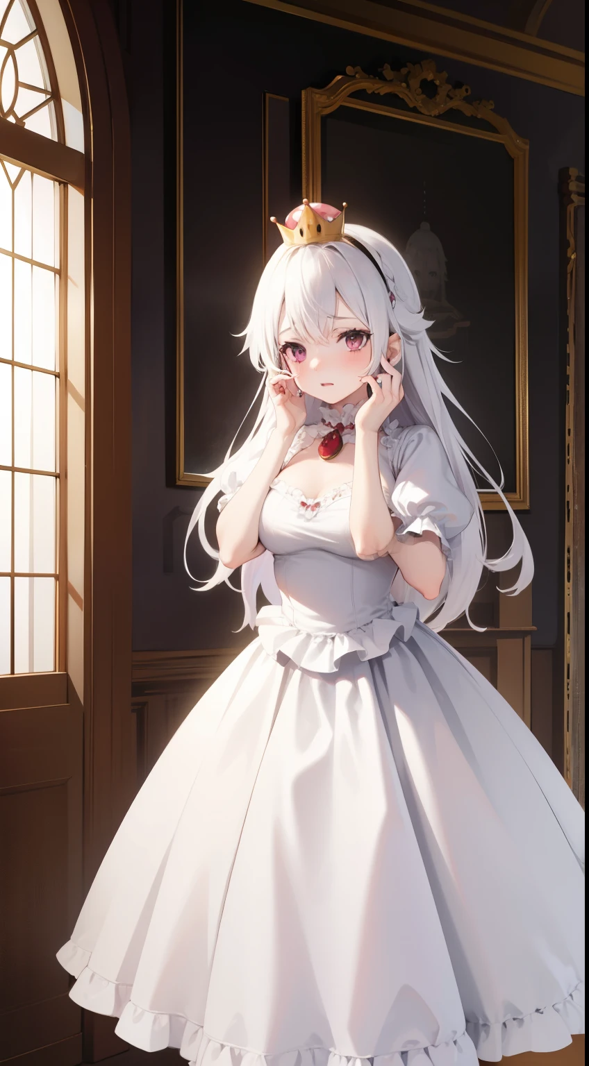  White-haired girl  , Wearing a white dress strolling around Mario's Castle, She's embarrassed,  red face , 
