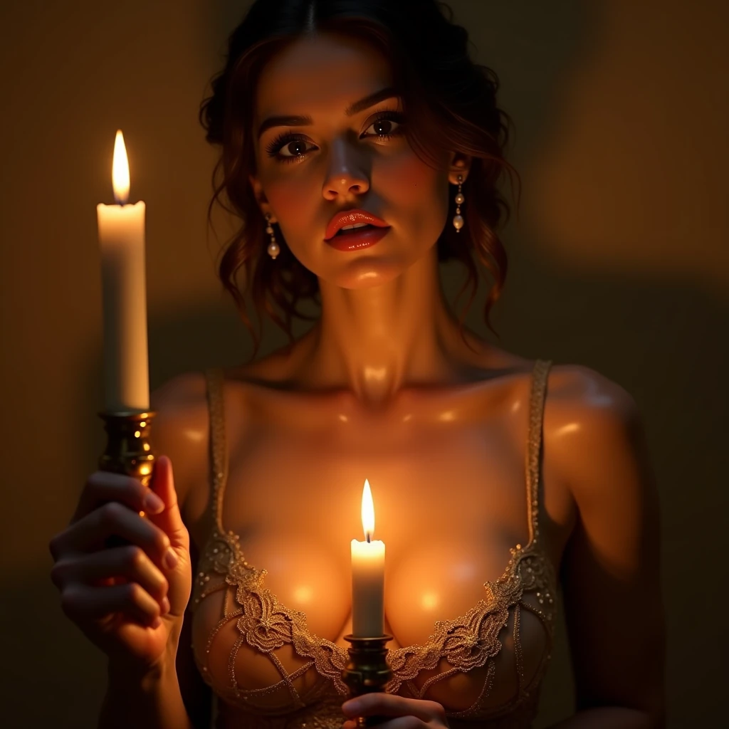 ((Highest quality)), ((masterpiece)), (detailed), Decadent Bloom: A close-up shot of a woman's breasts, softly illuminated by candlelight. Her skin glows with an otherworldly sheen, as if kissed by the fin de siècle's mystique. Delicate, lace-trimmed corset cups cradle her curves, evoking Félicien Rops' caricature-esque sensuality. Edmund Blair Leighton's dreamy, symbolic realm is conjured, where the boundaries between reality and fantasy blur. In this sensual, Brechtian tableau, a single rose petal clings to her décolletage, its crimson hue rivaling the deep flush on her skin. Shadows dance across her face, like whispers in an ear, as she gazes upward, lost in the decadent atmosphere of a bygone era. The image's composition echoes Sir Edward Coley Burne-Jones' Pre-Raphaelite grandeur, yet it's infused with a modern, avant-garde twist. The overall effect is a masterpiece of fin de siècle excess, where beauty and decay entwine like the tender, thorny vines of a forgotten garden.