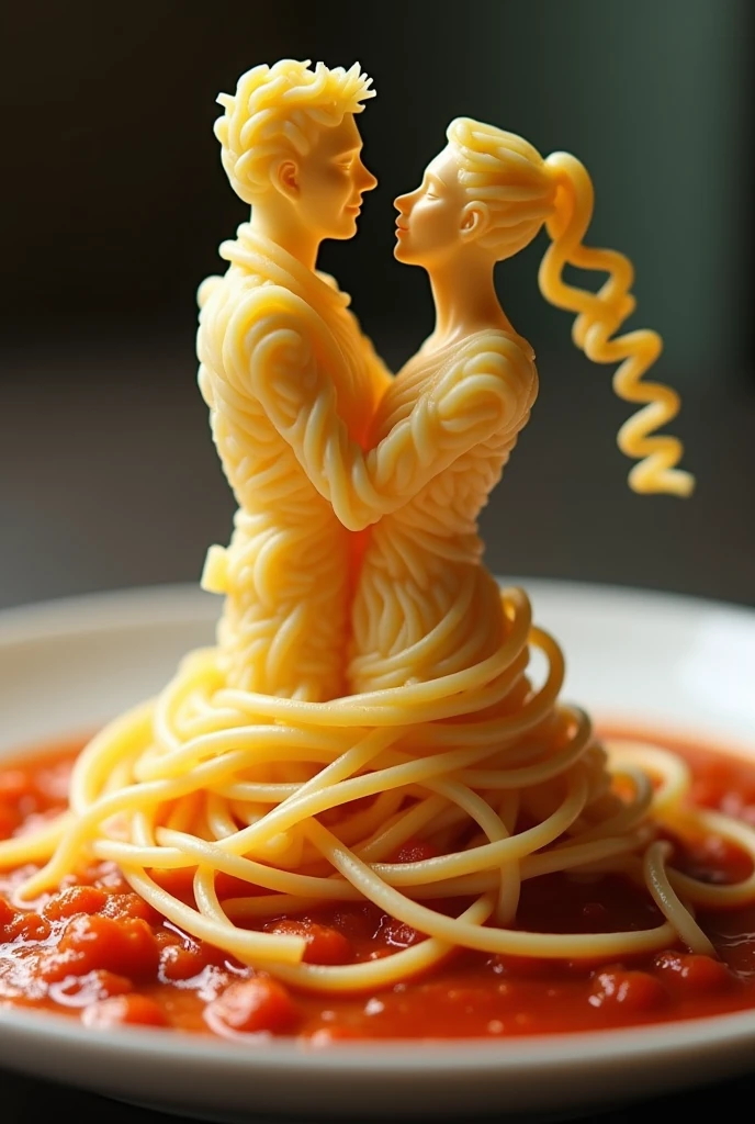 A hyperrealistic 8K photograph of a couple dancing gracefully on a white ceramic plate, under the soft light of a crystal glow. The couple is intricately sculpted from spaghetti carbonara, their bodies intertwined in a passionate tango. The surface of the dish reflects your movements and the twinkling lights, creating a magical effect. There are no other elements in the scene.