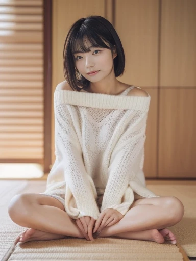 ((full body focus)), Off-shoulder sweater, ((())), no makeup, high resolution, professional photography, high resolution, small breasts, slim, taken from a Japanese-style room on a tatami mat, photographed from a Japanese-style room, tatami mat, sitting cross-legged, she is naked from the waist down, (sweat body), (body glowing with sweat), (sweated shirt), tears in her eyes, ((she doesn't wear underwear)), her sweater is falling, one nipple is exposed., (realistic panties), (no bottom), short hair