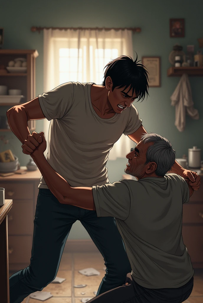 1 man holding the leg of the old man crying, handsome, black hair, blue pupils, white shirt, kneeling under the throne, grievances, tears, crying, surrealism
