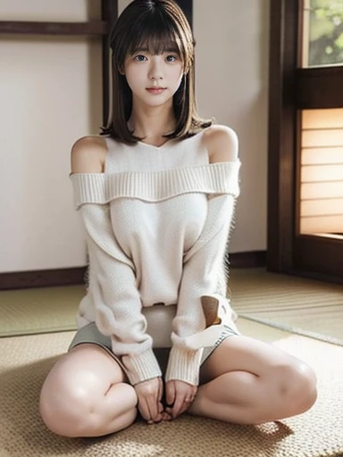 ((masterpiece))、((top-quality))、a picture、Realisticity、high-level image quality、Advanced depth of field、ultra-detailliert、Realistic lighting、((mid night))、((After work))、((sitting on stairs))、((Open your legs、Both legs are kneeling.))、((I can see a little bit of underwear))、married woman、age 40s、Delicate facial features、Plump body、large full breasts、White High Neck Sweater、Beige miniskirt、no-bra、short-hair、Angle from below、