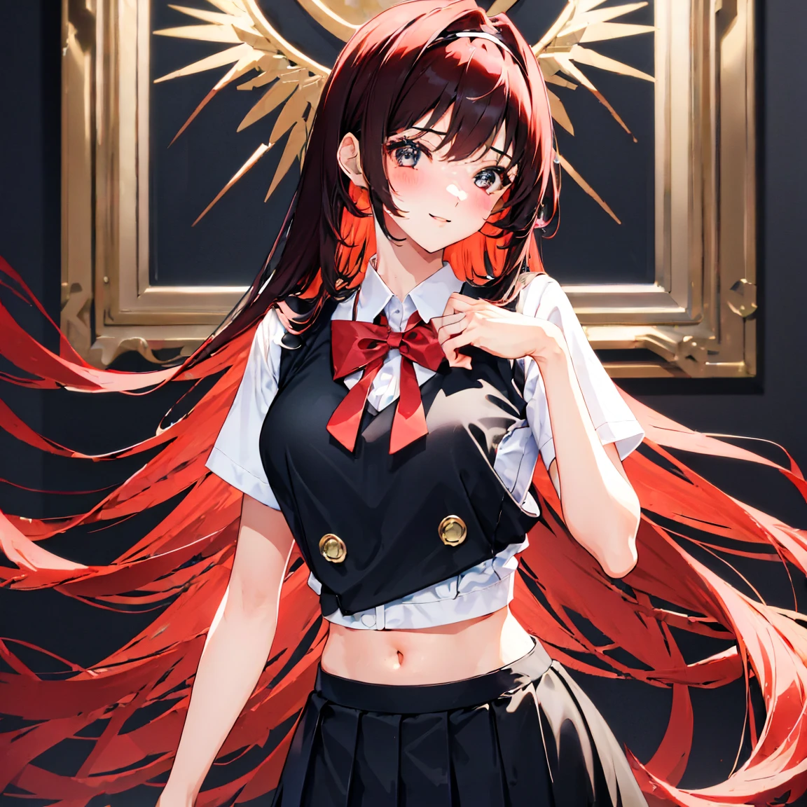  school uniform, Beautiful girl with strong lower body with short red hair , Slender body and elegant long black hair style . , Glamorous body with long blond hairstyle and black headband,Three beautiful girls, absurd,  high resolution,  The highly detailed , HDR, masterpiece,  best quality,  extremely detailed faces, delicate features,#Three people,#Three characters ,3 girls,((3 girls)) (3 girls: 2.1) 3 people each have a different hair style color ,japan ,schoolgirl ,Looking at Me ,smiling face,Sternum, high resolution, masterpiece, accurate,  Top Quality,  high detail,  Looking at viewers, Beauty, Clear Eyes ,Long hair,Big Haired ,(( Top Quality, Amazing quality,  is very aesthetic,  high resolution, Correction , soft lines,  Excellent Color , shiny skin  ))Tsundere　 female main 　The background is blurry ,　,Gweiz's style artwork、 beautiful animation、 Alone　、 beautiful animation girl、 beautiful animation girl、 anime girl 、 anime style 。8k、 Bowater's art style 、 Beautiful digital illustration 、 beautiful character painting 、 Stunning Anime Face Portrait  ,  official artwork , Lopa girl,  Lofi art style ,, Half-fish , Anime atmosphere, 富士フイルムと混ぜた anime style , Digital animation illustration,  animated wallpaper 4k ,　school