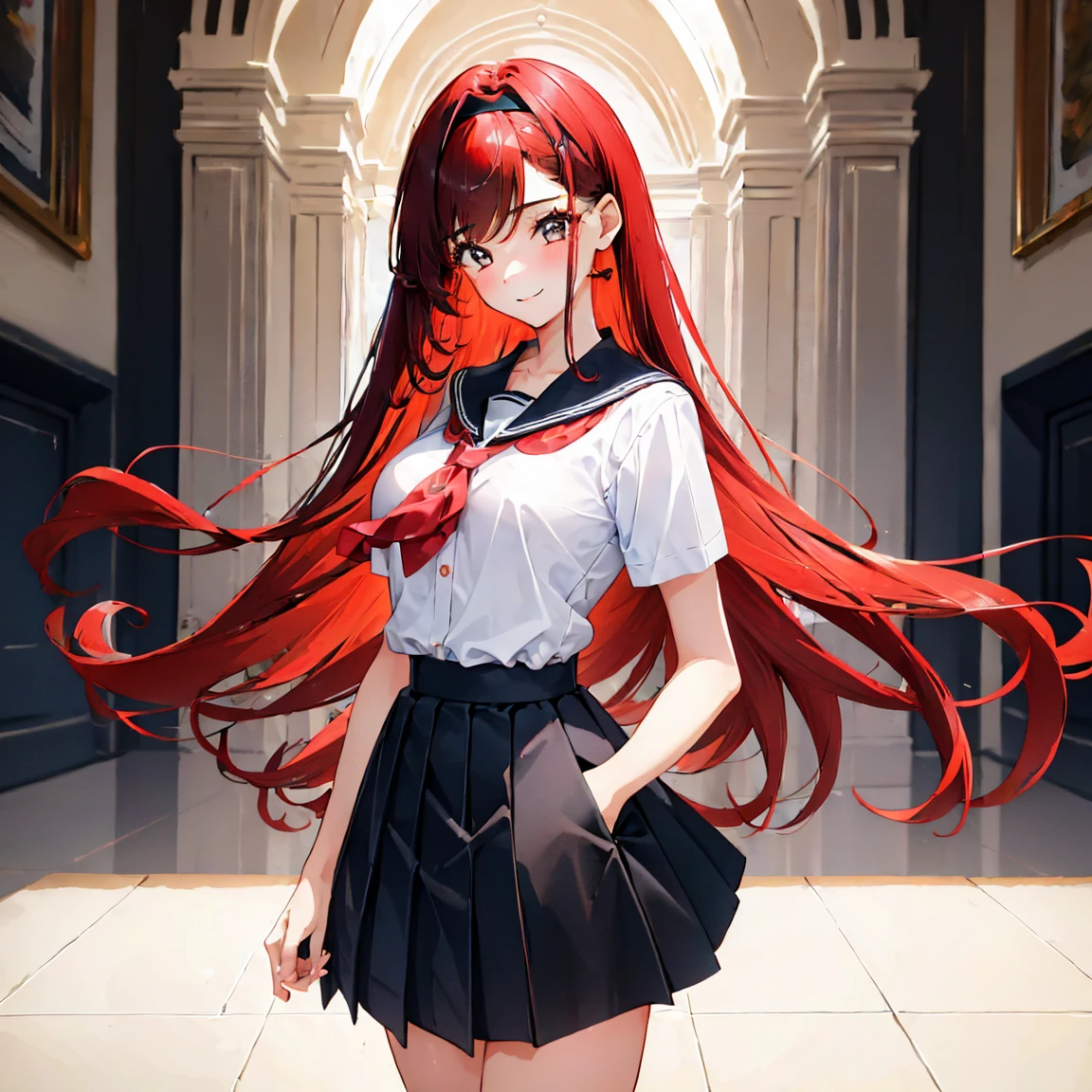  school uniform, Beautiful girl with strong lower body with short red hair , Slender body and elegant long black hair style . , Glamorous body with long blond hairstyle and black headband,Three beautiful girls, absurd,  high resolution,  The highly detailed , HDR, masterpiece,  best quality,  extremely detailed faces, delicate features,#Three people,#Three characters ,3 girls,((3 girls)) (3 girls: 2.1) 3 people each have a different hair style color ,japan ,schoolgirl ,Looking at Me ,smiling face,Sternum, high resolution, masterpiece, accurate,  Top Quality,  high detail,  Looking at viewers, Beauty, Clear Eyes ,Long hair,Big Haired ,(( Top Quality, Amazing quality,  is very aesthetic,  high resolution, Correction , soft lines,  Excellent Color , shiny skin  ))Tsundere　 female main 　The background is blurry ,　,Gweiz's style artwork、 beautiful animation、 Alone　、 beautiful animation girl、 beautiful animation girl、 anime girl 、 anime style 。8k、 Bowater's art style 、 Beautiful digital illustration 、 beautiful character painting 、 Stunning Anime Face Portrait  ,  official artwork , Lopa girl,  Lofi art style ,, Half-fish , Anime atmosphere, 富士フイルムと混ぜた anime style , Digital animation illustration,  animated wallpaper 4k ,　school