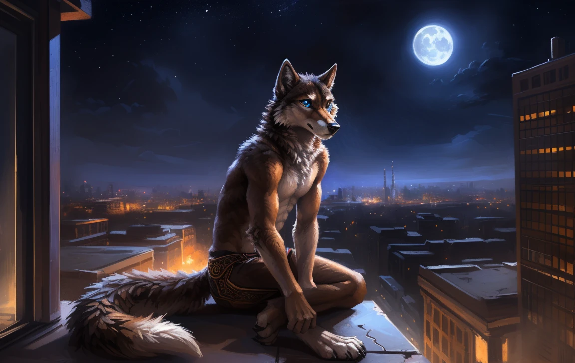 ((Solo)), male people, anthro wolf, (Multi-colored fur, White-brown:1.3), ((Wolf face, Big eyes, White eyelids, Blue pupil, Slim:1.2) (Tough, Calm expression:1.2)), (Height 2.1 meters,Tail length 1.5m), Abs, Slim, pinging, (Correct anatomy), (Contour bone:1.2), The upper body is naked, (detailed outfits), a long large tail,Feet,(Realistic fur, Detailed fur texture, labeled:1.3)), (Natural lighting), Photorealistic, Hyperrealistic, ultradetailed, by Kenket,In the modern city,Roof,the night,Sit alone,Look at the full moon,It was dark,Starry