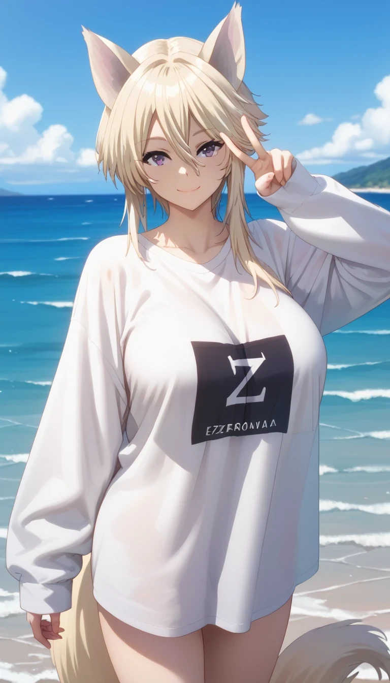 Tall girl, Fit girl,score_9, score_8_up, score_7_up, score_6_up, uncensored, ultra-detailed, 1girl, zeta, perfect face, animal ears, purple eyes, blonde hair, tail, huge breasts, 1girl, solo, long_hair,looking_at_viewer, outdoors, white shirt, water, long_sleeves, sleeves_past_wrists, standing, oversized_clothes, black_eyes, baggy_clothes, white_shirt, day, oversized_shirt, closed_mouth, bangs, ocean, v pose, smile, Happy