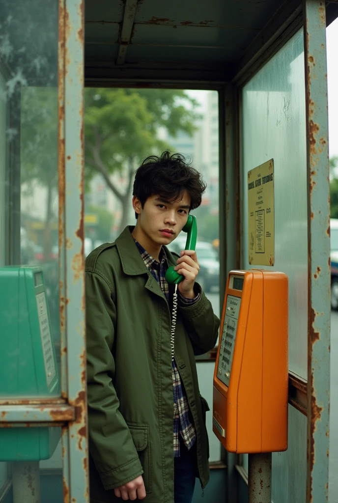 full body, 3 years old Korean girl with short pony hair wearing casual clothes, standing
stiffly behind the glass door of a red
telephone box, daydreaming with the
telephone receiver to his ear, dark
background with soft light bias from the
side, best angle, dark night atmosphere,
cinematic images, professional photo
shoots, promotional images, faces looking
at the camera