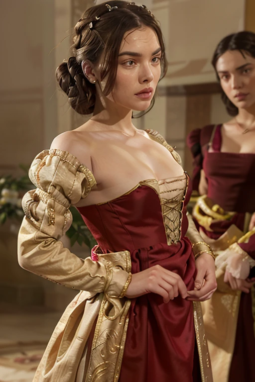 Daisy Ridley with her brown hair in a Renaissance style gold hair net set with tiny rubies and wearing an Italian Renaissance style red and gold brocade gown with long fitted sleeves slashed at the shoulders and elbows, with puffs of white silk pulled through the slashes, and a bodice with a square neckline.