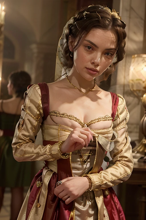 Daisy Ridley with her brown hair in a Renaissance style gold hair net set with tiny rubies and wearing an Italian Renaissance style red and gold brocade gown with long fitted sleeves slashed at the shoulders and elbows, with puffs of white silk pulled through the slashes, and a bodice with a square neckline.