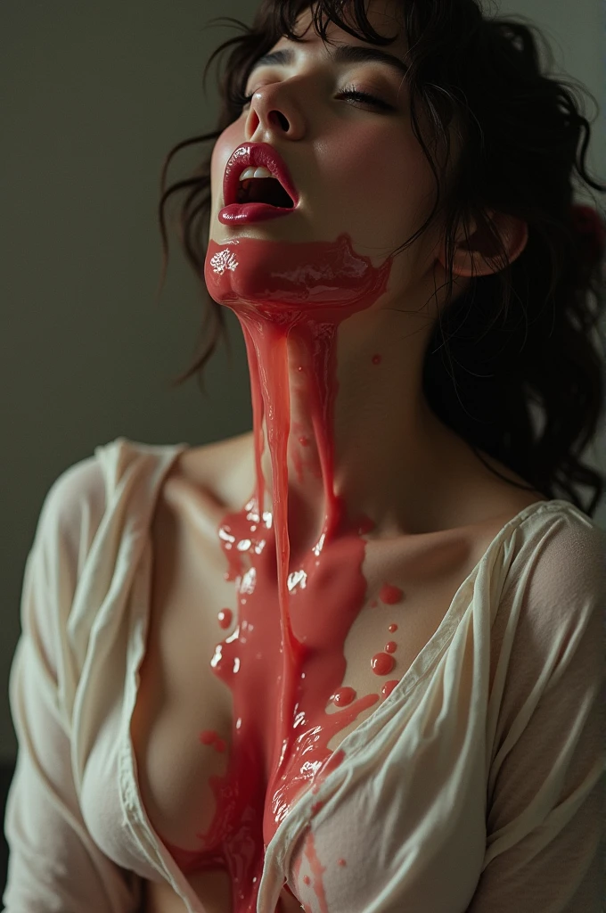 Young woman, decapitation, decapitation, slashing, naked, completely naked, big breasts, crying face, scream, face distorted in pain, blood splatter, bloodshed