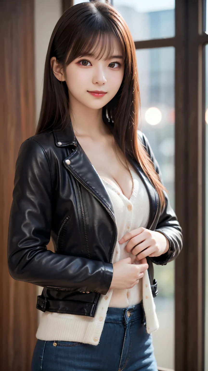 (Leather jacket : 1.4), (Pose to stretch your elbows : 1.5), ( upper body : 1.5), Feminine dark hair , ( Delicate and realistic hair, Realistic black Hair), bangs, natural colored lips, smile, ((white indoor)), indoor, ( 18 year old female : 1. 2), young and adorable Japanese face, Official Art, high definition CG Unity 8k wallpaper, (masterpiece: 1.0) , ( best quality: 1. 0), ( best quality: 1. 0), Ultra high definition ,4K, Very detailed, half photos with Brazil,8k, NFSDW  , high definition , Kodak Portrait 400, film grain , lens flare glow, best quality,8k, NFSDW  :1. 2), as a portrait shot,8k, Show viewer , ((masterpiece)), (( best quality)), ( super detailed), ((cute)), (Nice), (( sexy)), (( Very detailedな)), (detailed clothing features), 4K, (8k), (beautiful), Illustration, beautiful Japanese woman, ((1 female)), beautiful black hair, ( long hair:1.2), ((beautiful eyes)), lens flare , (((Front View))), ((facing))、(Bold Cleavage : 1.3)