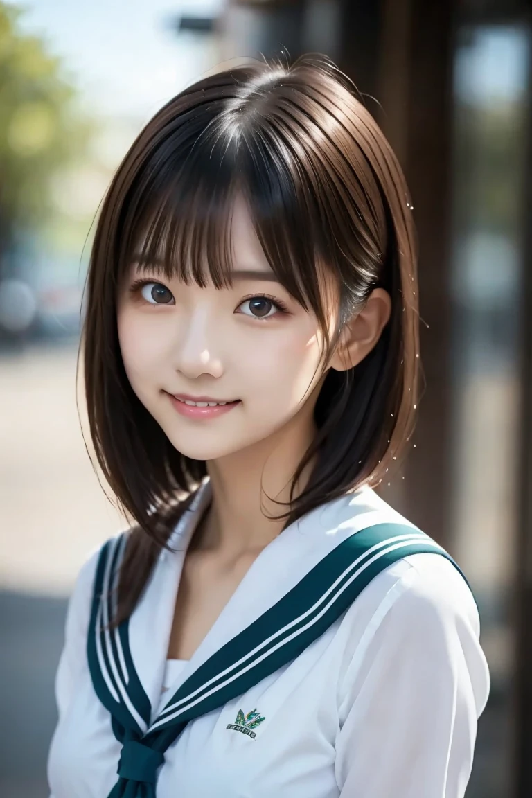 masterpiece,  best quality,  realism,  ultra detail,   fine details,  high definition , 8k wallpaper,  Japanese girl who can see into the distance, 18 years old, ( very cute face like a popular idol), smile, Beautiful slim figure,　Neat and beautiful model ,  Glossy Black Hair , Slightly longer bob hair,  beautiful detailed eyes ,  ( Teal Eyelids),  natural lips,  smaller breasts,  white sailor school uniform, 