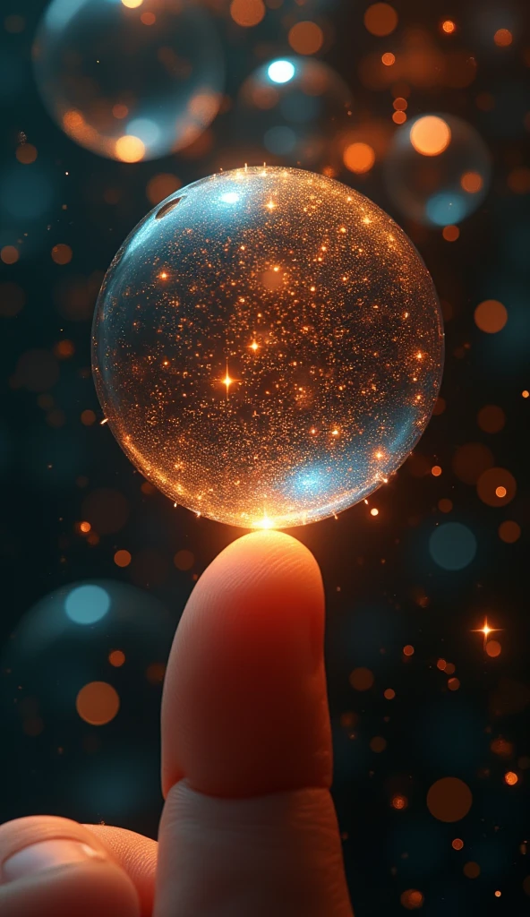 masterpiece,  is anatomically correct, 3 mysterious magic bubbles , bubble composed of very transparent and precise light particles,Reflection of light,The inside of the bubble is filled with countless digital symbols and letters,Orange rays surround the bubble irregularly, Focus on the tip of the finger, almost touching the bubble, Only the fingertip is visible, with the rest of the hand out of frame, the hand is barely visible in the frame, with only the fingertip reaching upwards,from directly below,best quality,  high detail,  high definition model,  Ultra High Definition,  digital art,