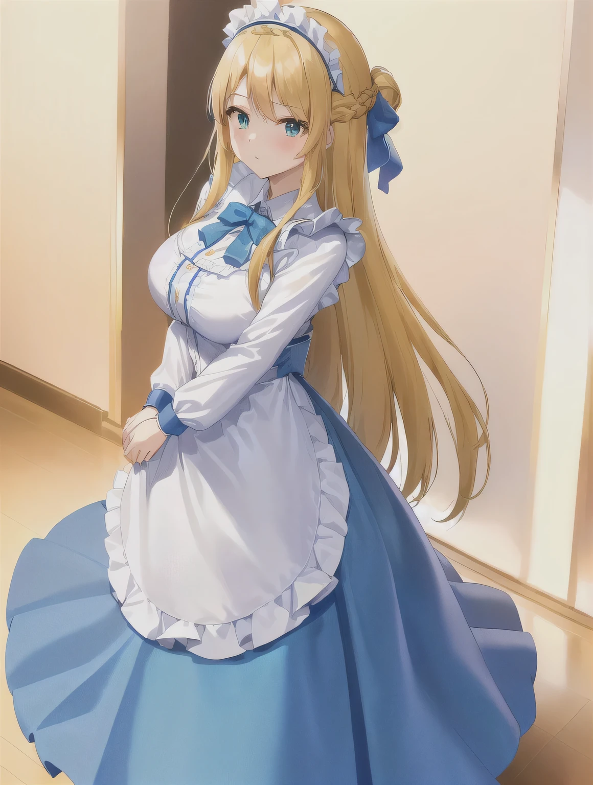 1girl、アニメガール  with green eyes and blonde hair in a blue maid dress、alone、change in dress、( Maid )  girl、portrait of changeta、Blonde、 long hair、Green Eyes、french braid、crown braid、 beautiful anime girl 、 standing、Big Breasts、 Big Breasts 、Seductive anime girl in blue maid outfit 、white pantyhose、change、Classy atmosphere 、Manga Painting 、 Long Sleeve 、Official Fan Art,  HIGH DEFINE FAN ART , Beatrice Blue、 in Bowwater art style、anime  girl in a maid costume、魅惑的なアニメの girl、Anime Drawings、looking at viewer、 cowboy shot、Girl Focus 、High quality color sketch、 Anime Moe Art Style 、Wear nice clothes 、(anime  girl)、 Beautiful Animated Portraits 、an anime  girl、pretty anime  girl、beautiful anime  girl、