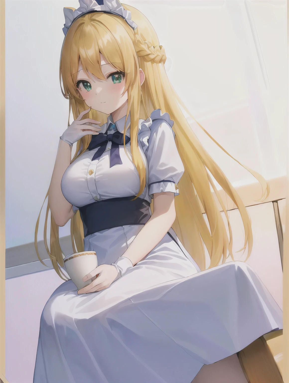 1girl、anime  girl with a cup of coffee and a cake、alone、change in dress、( Maid )  girl、portrait of changeta、Blonde、 long hair、Green Eyes、french braid、crown braid、A beautiful anime girl is sitting on a chair、Big Breasts、 Big Breasts 、Seductive anime girl in blue maid outfit 、white pantyhose、change、Classy atmosphere 、Manga Painting 、 Long Sleeve 、Official Fan Art,  HIGH DEFINE FAN ART , Beatrice Blue、 beautiful anime girl sitting on a chair in the art style of Bowater wearing nice clothes 、anime  girl in a maid costume、 captivating anime girl、Anime Drawings、looking at viewer、 cowboy shot、Girl Focus 、High quality color sketch、 Anime Moe Art Style 、Wear nice clothes 、(anime  girl)、 Beautiful Animated Portraits 、an anime  girl、pretty anime  girl、beautiful anime  girl、