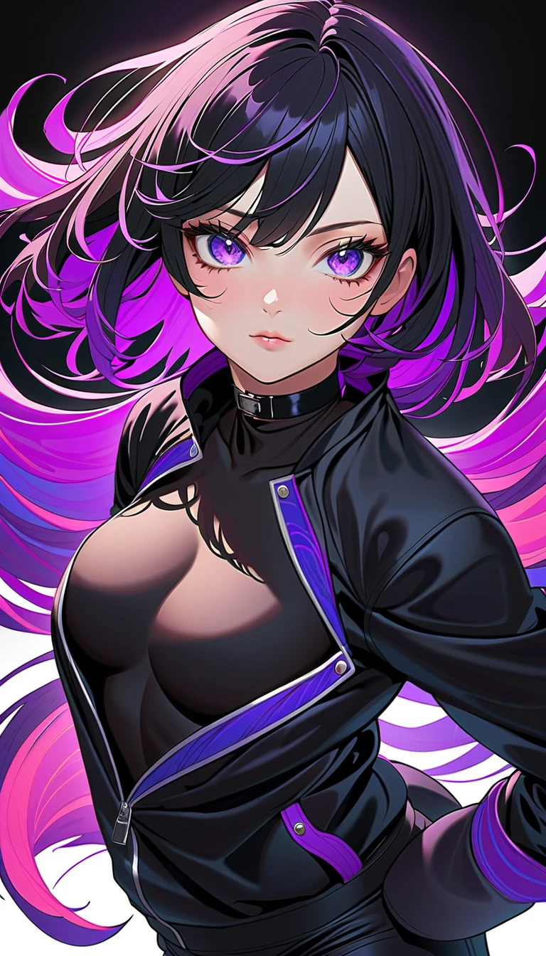 4k, fine detail, masterpiece, high quality eyes, high detail painting, soft shadows, best character art , 1girl, aurora, bangs, black choker, breasts, choker, eyewear on head, galaxy, gloves, hair between eyes, jacket, jewelry, large breasts, light particles, long hair, long sleeves, looking at viewer, milky way, night, night sky, pink eyes, purple eyes, purple hair, shooting star, sidelocks, sky, solo, space, star \(sky\), starry background, starry sky, sunglasses, upper body