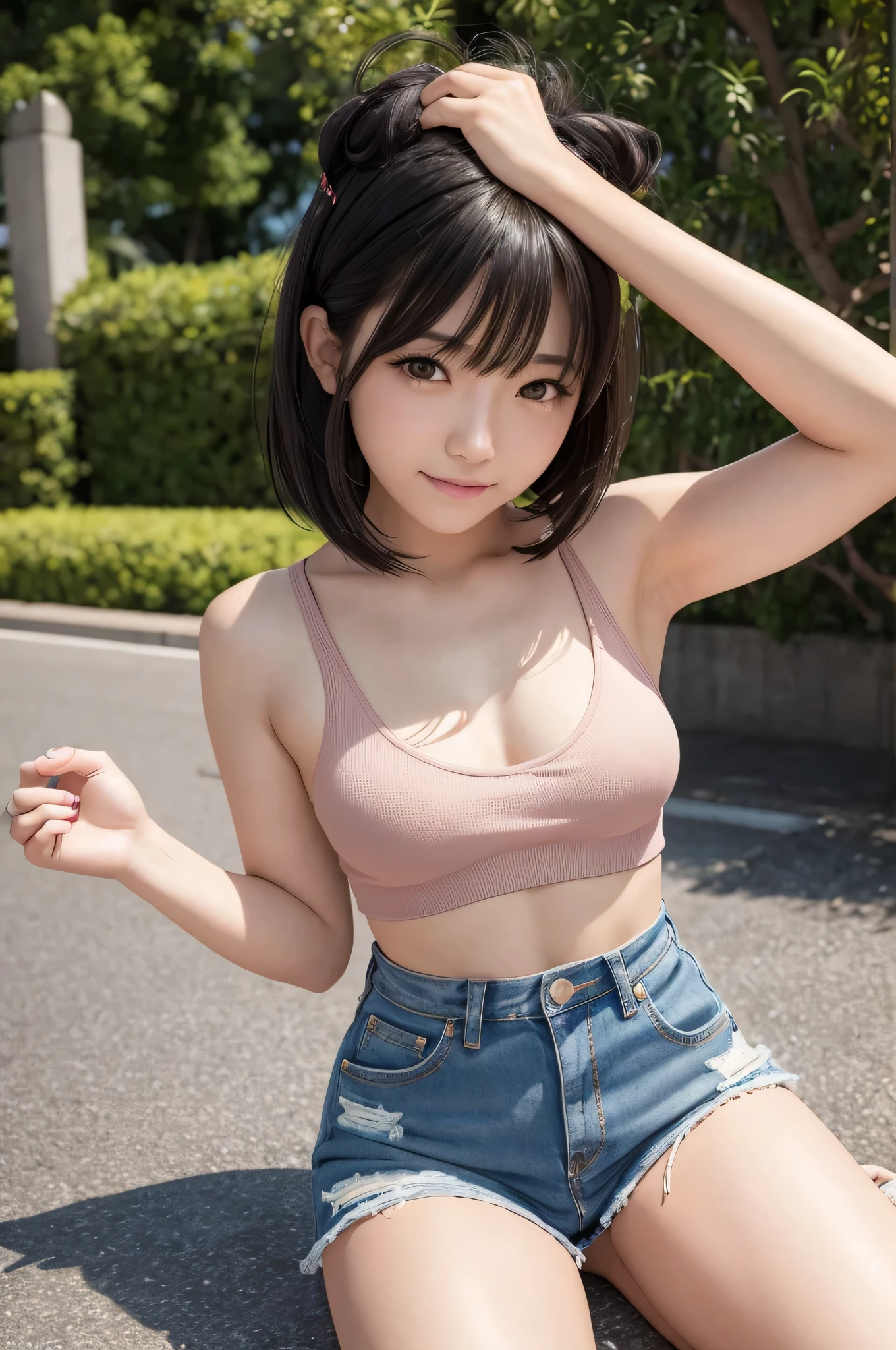 Close-up of a woman taking a photo、The most beautiful Japanese models、(8-year-old female model:1.5)、(young、Round face、Kind Face:1.25)、Droopy eyes、double eyelid、(bangs、Black Hair、short hair、Straight hair)、(Surprised expression、A little embarrassed expression:1.2)、smile、Red cheekouth open、Open your mouth、No makeup、(Knitted Products、Tube top:1.5)、(Super cute idol face:1.4)、(Slim Beauty、、flat、length, thin首、Narrow shoulders、Small shoulders、thin腕、thinお腹、delicate、flat体)、(Navel exposure:1.2)、Waistline、sexy、Modest chest、Beautiful breasts、Shining Breasts、Cleavage、(Micro Shorts:1.5)、(super short shorts:1.2)、thin、thin生地、Shorts that look like pants、Jeans Material、Distressed jeans、Low waist、Pulled down pants、buttocks stick out、Face Focus、Gazing at the audience、hot gaze、(RAW Photos、Highest quality、masterpiece、Ultra-high resolution、Ultra-high resolution、8k、Genuine)、Field、Good weather、Daytime、nature、