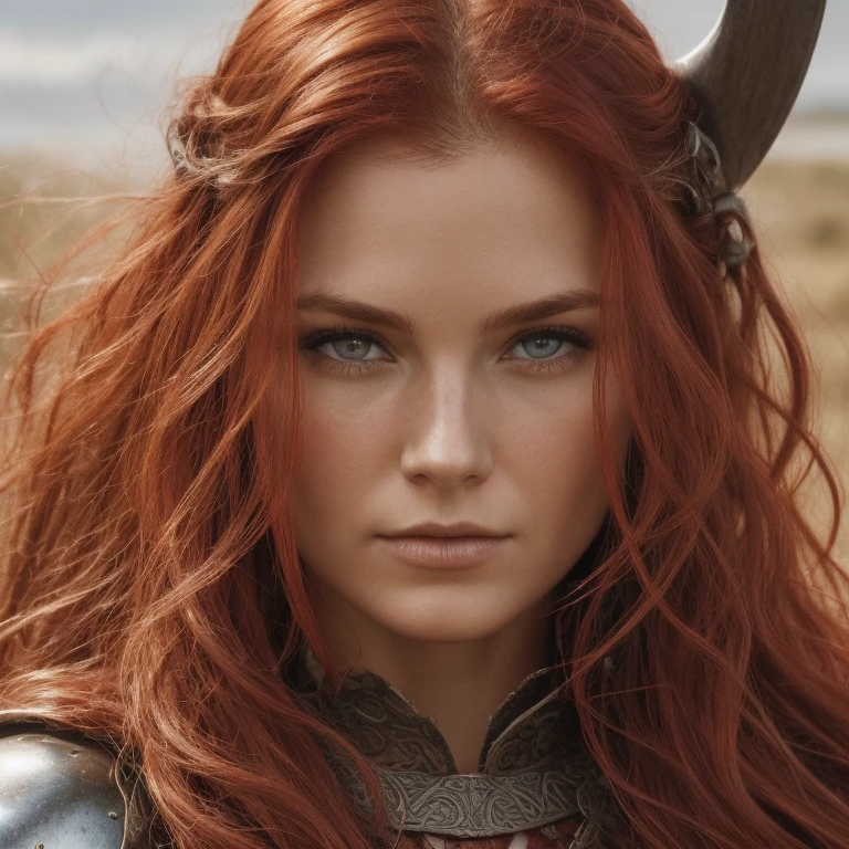  pretty woman, Viking warrior, skin cover, Armor,  red hair,  wavy hair, (close up,  portrait photo ), (Alone), realistic,   depth of field  