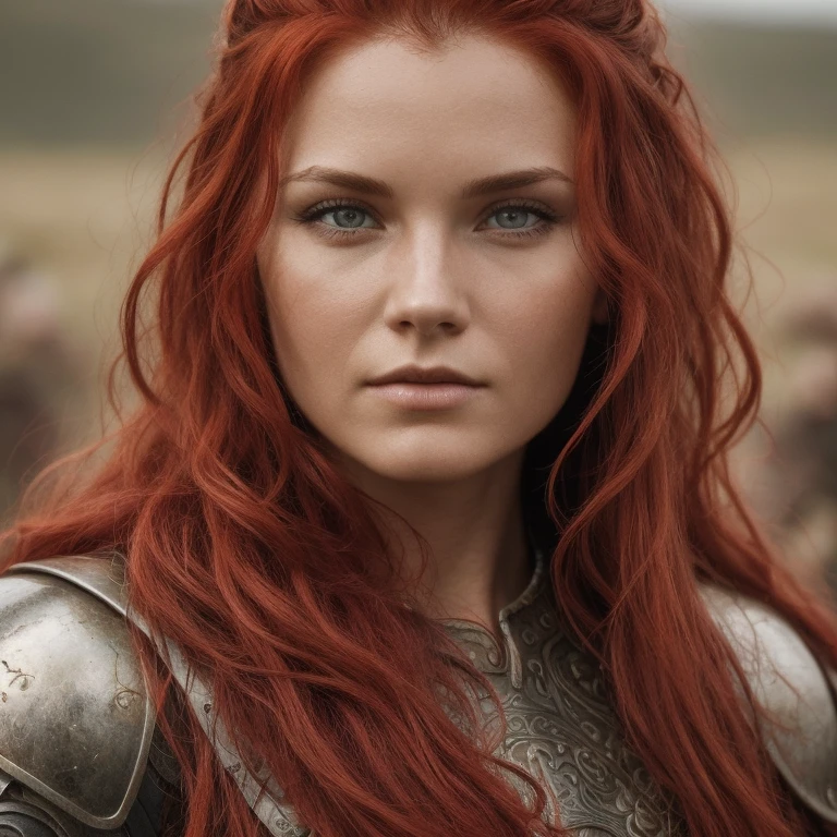  pretty woman, Viking warrior, skin cover, Armor,  red hair,  wavy hair, (close up,  portrait photo ), (Alone), realistic,   depth of field  