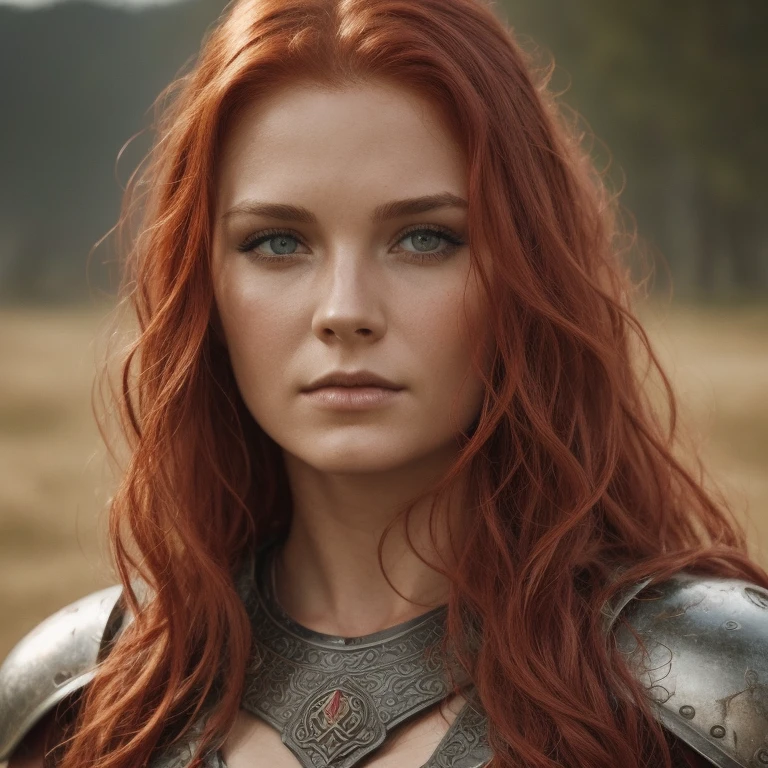  pretty woman, Viking warrior, skin cover, Armor,  red hair,  wavy hair, (close up,  portrait photo ), (Alone), realistic,   depth of field  