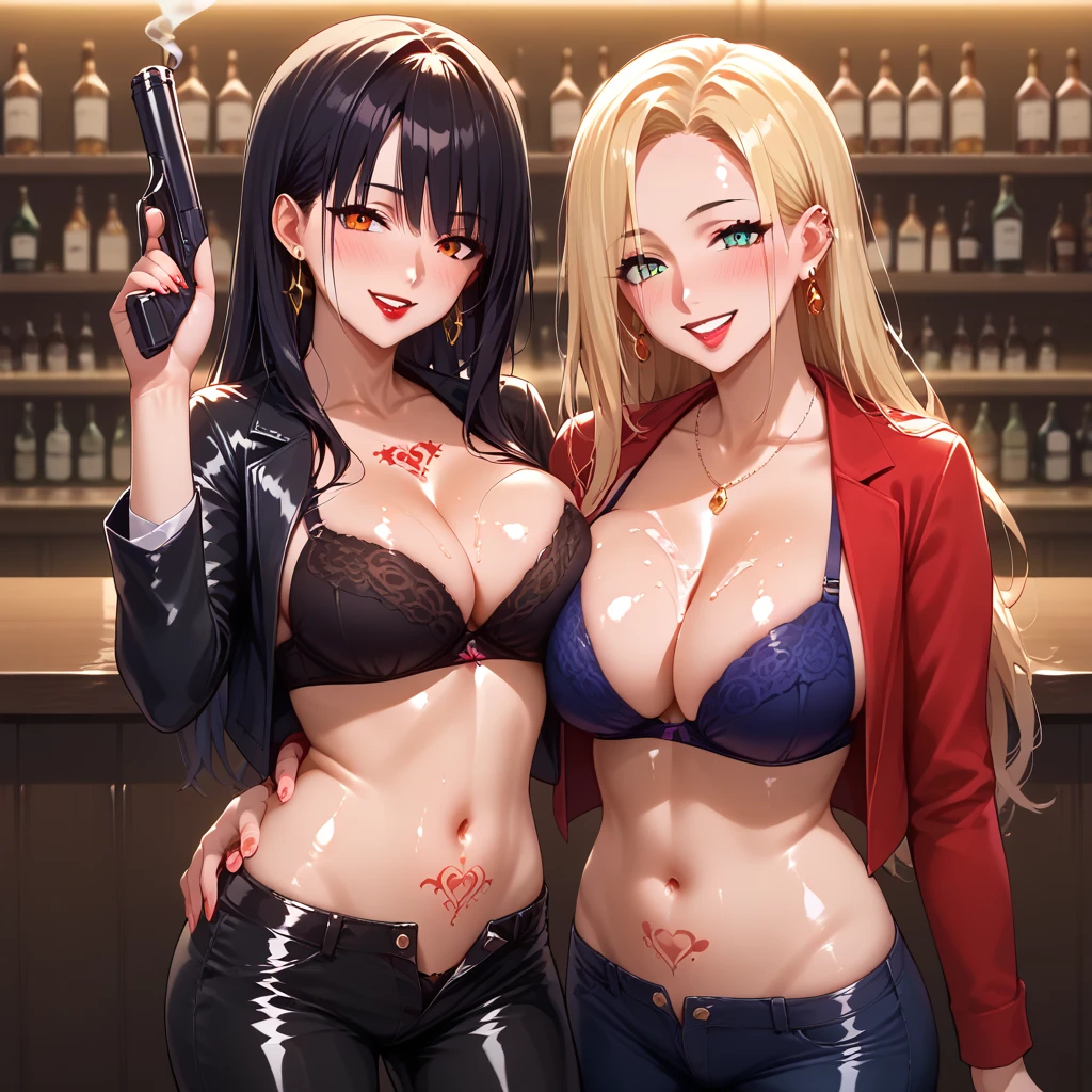 score_9, score_8_up, score_7_up, score_6_up, score_5_up, score_4_up, rating_questionable, , source_anime, digital illustration, pixiv, fanbox, uncensored, , BREAK, official art,
2girl, two girls, female, , long hair, anime girl,ecchi anime style, anime girls ,digital anime art!!, , anime style 4k,
 long hair, earrings, red lips, large breasts, ear piercing, long hair, blush, lipstick,Hot girl, baddie, smoking, sensual, attractive , bar background, inside bar,indoors, long sleeves,
cleavage, jacket, unbuttoned pants, black jacket, black pants, formal, suit, black bra, evil smile, smile,
(nsfw) not safe for work, navel, evil expression, exposed belly, exposed navel, exposed midriff,
exposed lower belly, unbuttoned long black pants, open mouth, holding a gun, holding pistol,, tattoo on body, flower tattoo, dragon tattoo, belly tattoo, , shiny skin, 