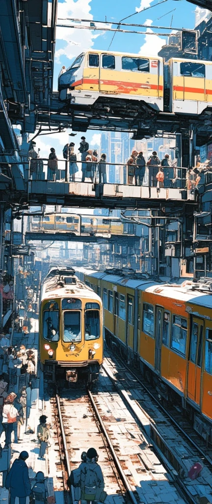 a multi-story train station. low angle shot, capturing at least 3 train tracks in the station. one train on the ground, a several monorail trains on top. the station is busy with people waiting for train on each level. motion blur is seen on people and the moving trains. the atmosphere is lively and bustling.