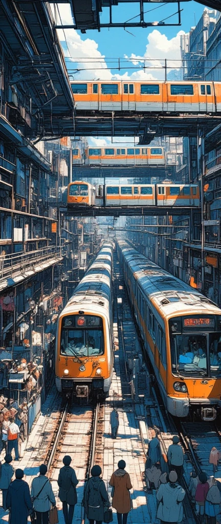 a multi-story train station. low angle shot, capturing at least 3 train tracks in the station. one train on the ground, a several monorail trains on top. the station is busy with people waiting for train on each level. motion blur is seen on people and the moving trains. the atmosphere is lively and bustling.