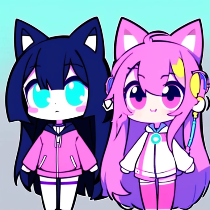 light blue long hair，Pink and white sweatshirt，pink eyes，black headphones，Lollipop in mouth